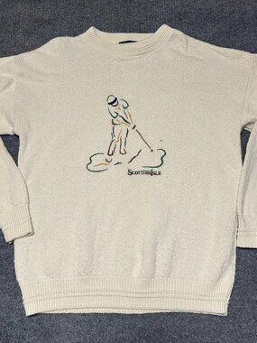 Vintage Scottish Isle Bernette‎ Golf Sweater Mens XL Embroidered Cotton Cream